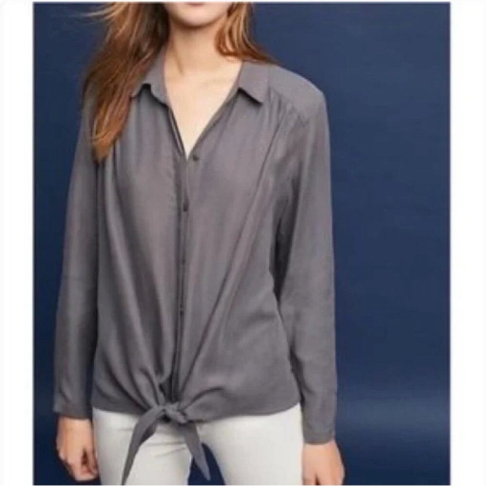 Maeve Anthropologie Gray 100% Tencel Front Tie Button Down Blouse Small